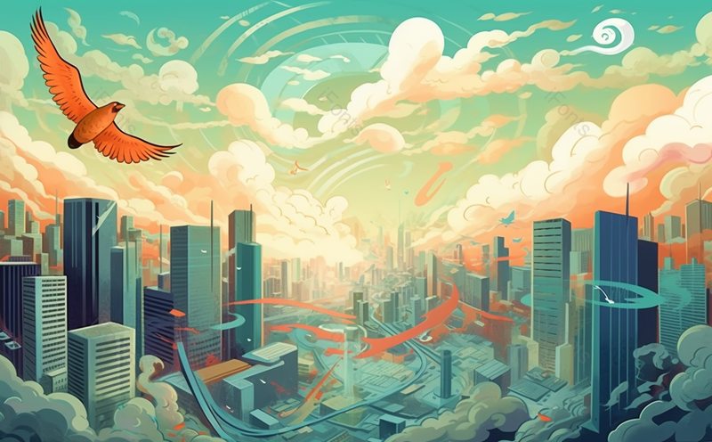 白云蓝天城市大厦橙色鸟飞翔春天夏天国潮城市插画,插画/手绘图,插画/手绘图库,插画/手绘图下载,插画/手绘